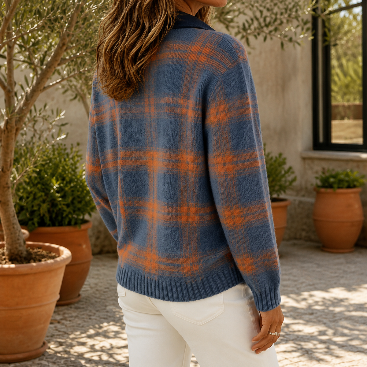 Kariertes Hemd-Pullover Damen mit Knopfleiste und Langarm - 2 - Jasminaboutique.com