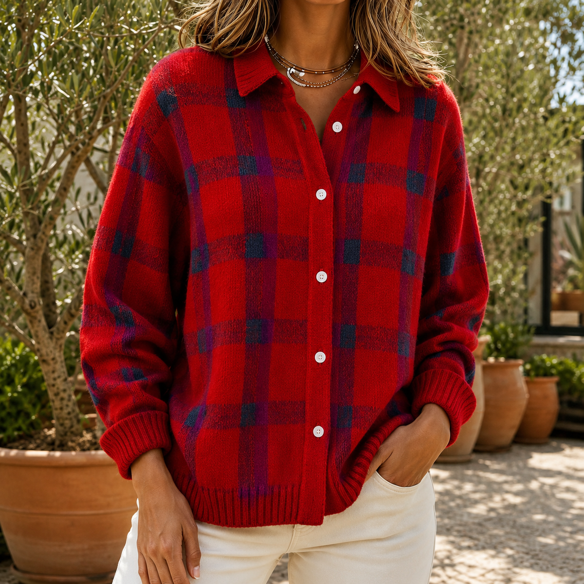 Kariertes Hemd-Pullover Damen mit Knopfleiste und Langarm - 4 - Jasminaboutique.com