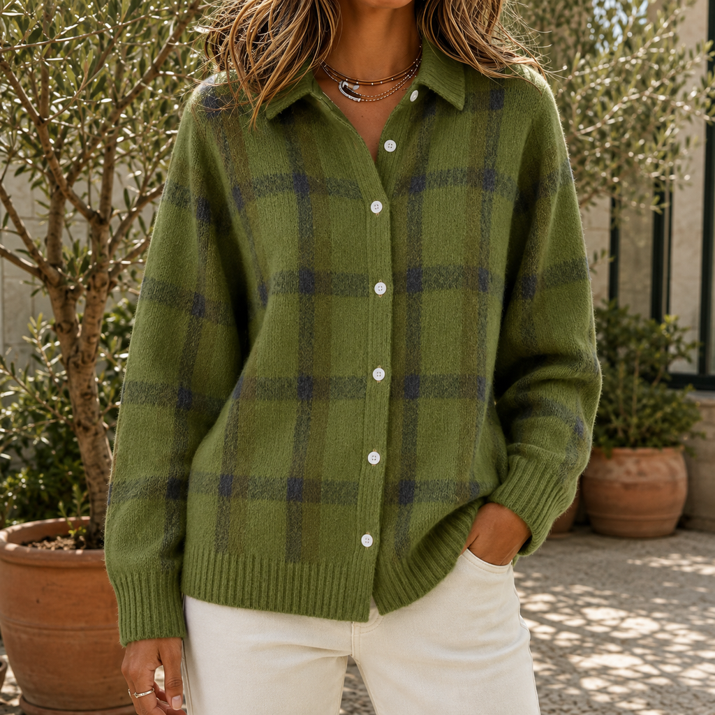 Kariertes Hemd-Pullover Damen mit Knopfleiste und Langarm - 5 - Jasminaboutique.com