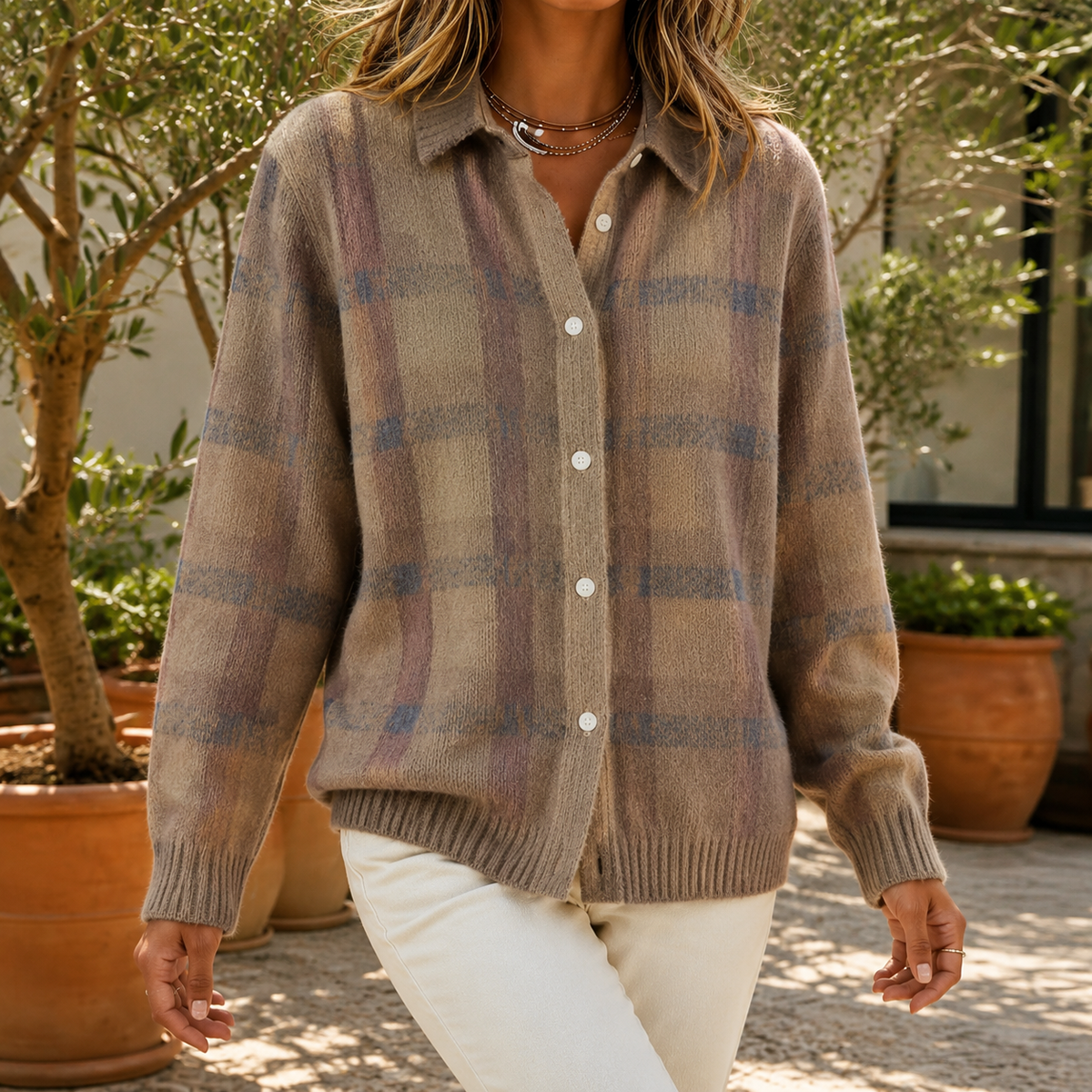 Kariertes Hemd-Pullover Damen mit Knopfleiste und Langarm - 6 - Jasminaboutique.com