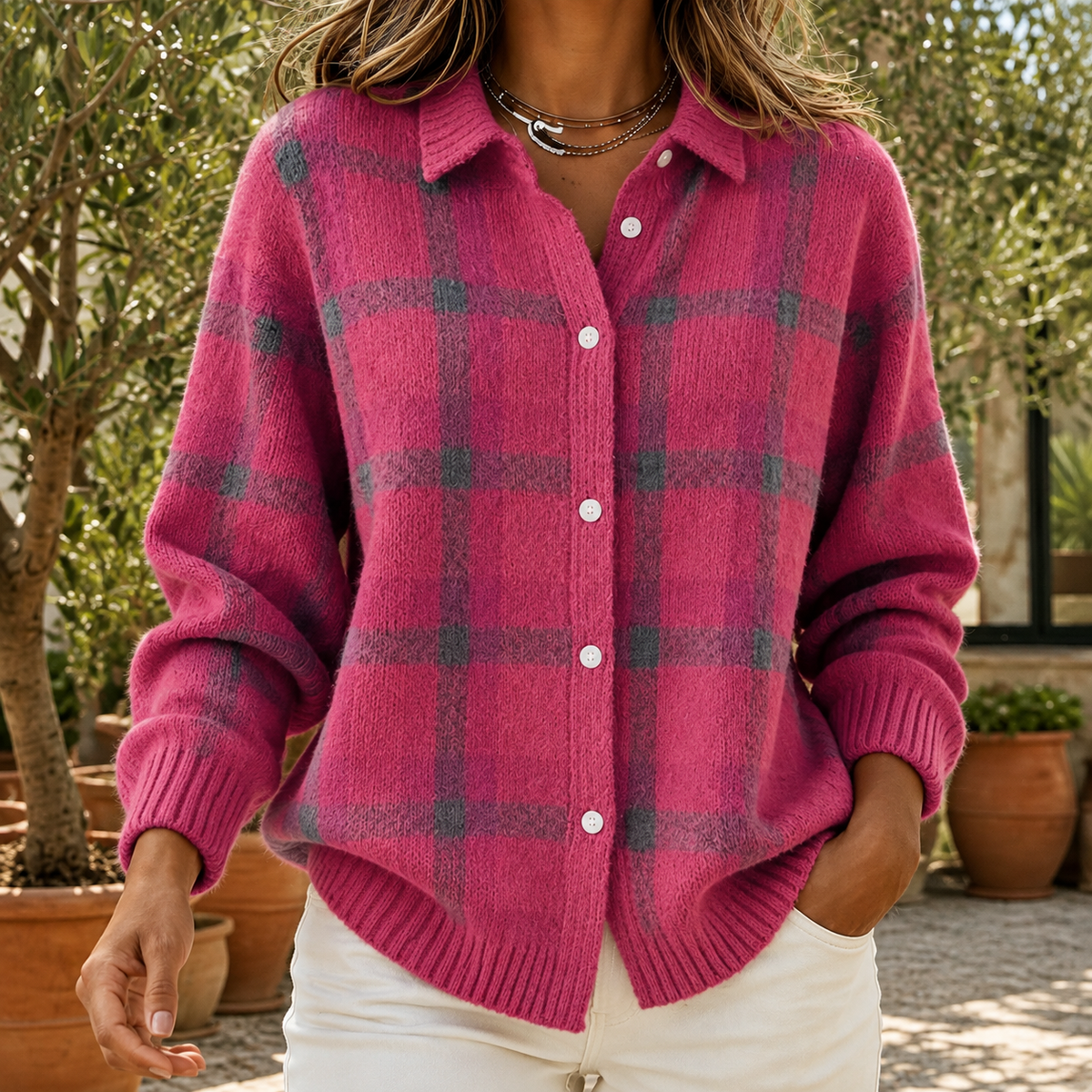 Kariertes Hemd-Pullover Damen mit Knopfleiste und Langarm - 7 - Jasminaboutique.com