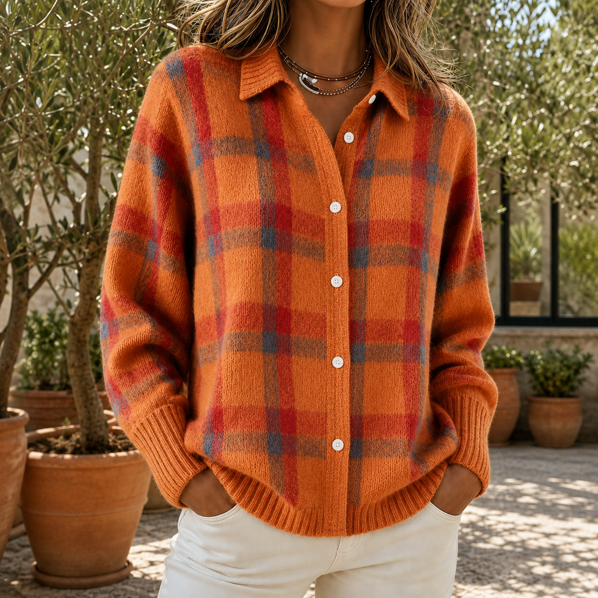 Kariertes Hemd-Pullover Damen mit Knopfleiste und Langarm - 8 - Jasminaboutique.com