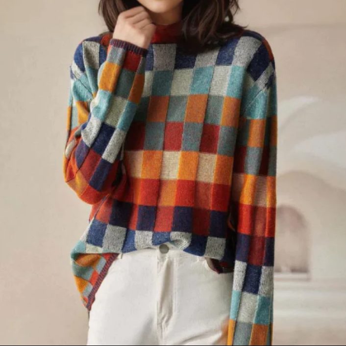 Pullover Damen mit Stehkragen und Karomuster - 1 - Jasminaboutique.com