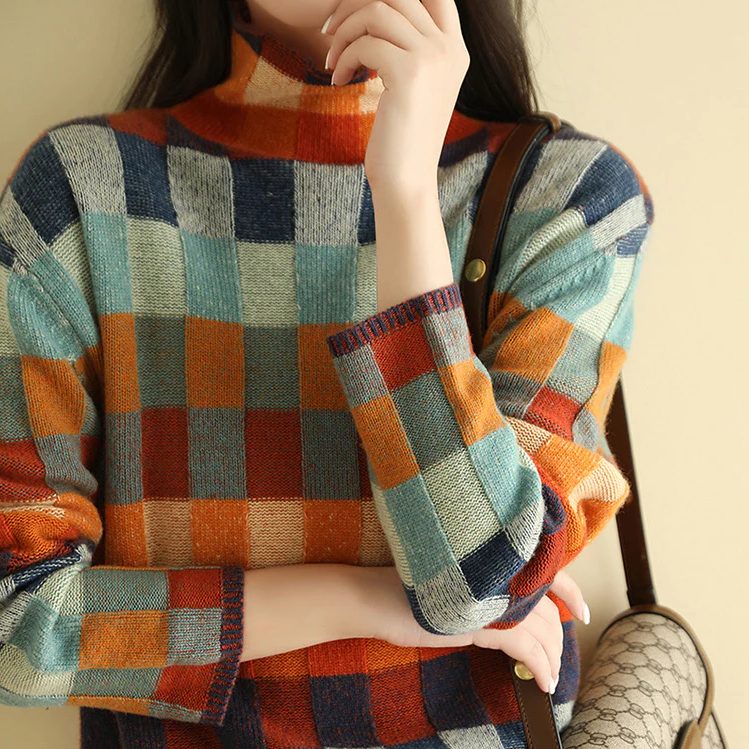 Pullover Damen mit Stehkragen und Karomuster - 2 - Jasminaboutique.com