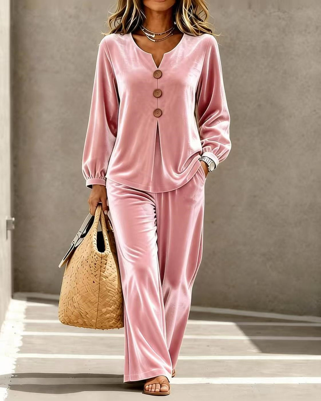 Zweiteiliges Outfit Damen mit V-Ausschnitt und langen Ärmeln - 1 - Jasminaboutique.com