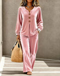 Zweiteiliges Outfit Damen mit V-Ausschnitt und langen Ärmeln - 1 - Jasminaboutique.com
