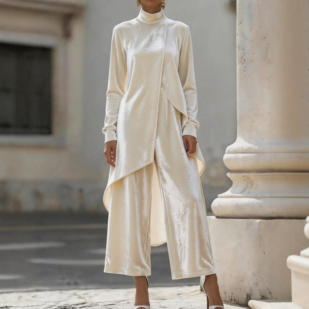 Zwei-teiliger Damen Outfit mit asymmetrischem Schnitt und Stehkragen - 1 - Jasminaboutique.com