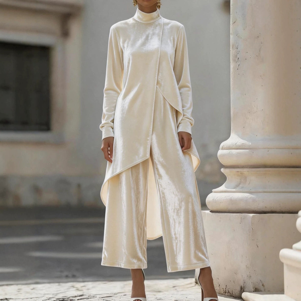 Zwei-teiliger Damen Outfit mit asymmetrischem Schnitt und Stehkragen - 1 - Jasminaboutique.com