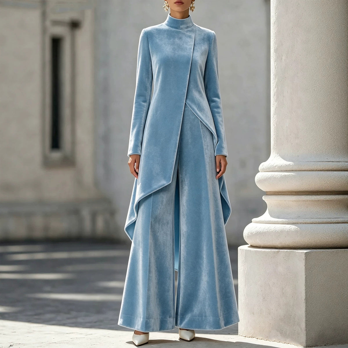 Zwei-teiliger Damen Outfit mit asymmetrischem Schnitt und Stehkragen - 7 - Jasminaboutique.com