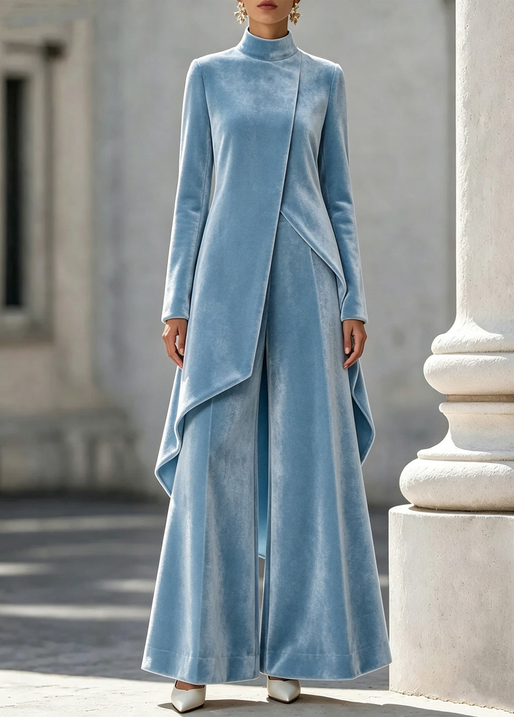 Zwei-teiliger Damen Outfit mit asymmetrischem Schnitt und Stehkragen - 8 - Jasminaboutique.com