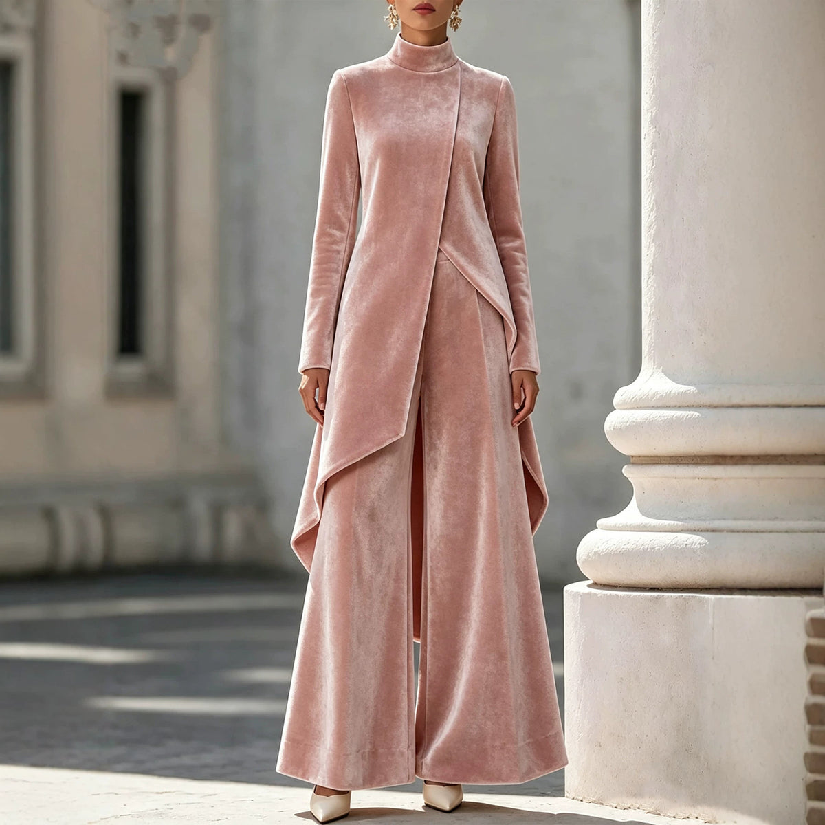 Zwei-teiliger Damen Outfit mit asymmetrischem Schnitt und Stehkragen - 9 - Jasminaboutique.com