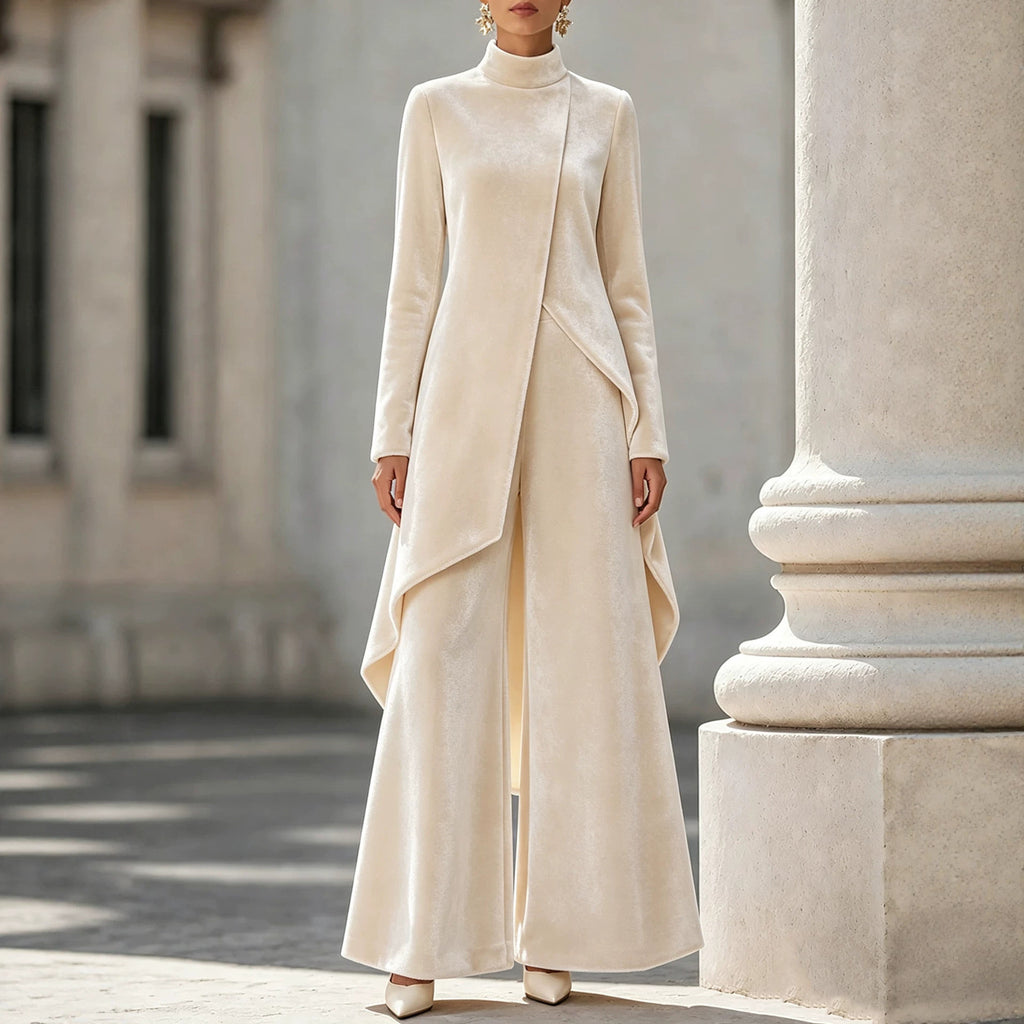 Zwei-teiliger Damen Outfit mit asymmetrischem Schnitt und Stehkragen - 10 - Jasminaboutique.com