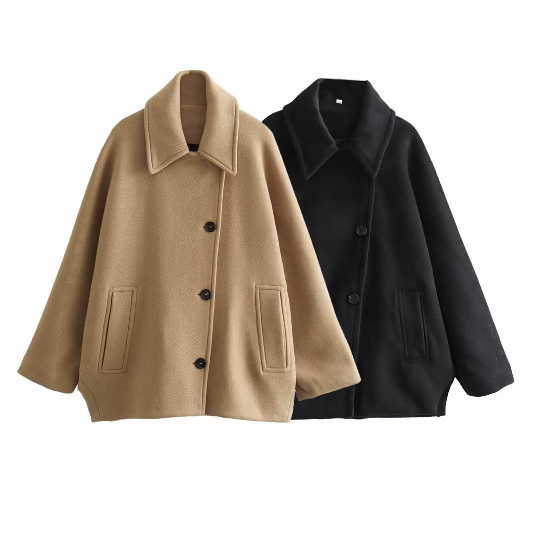 Wollmantel Damen mit Batwing-Ärmeln und Knöpfen - 4 - Jasminaboutique.com