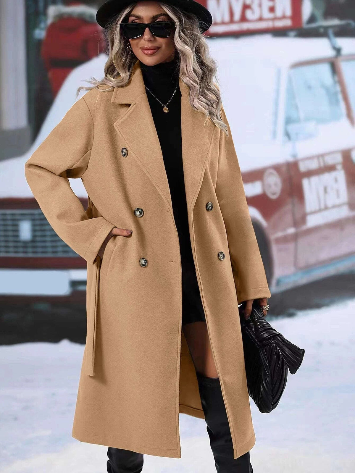 Wickelcoat Damen mit Gürtel, tailliert und doppelt geknöpft - 7 - Jasminaboutique.com