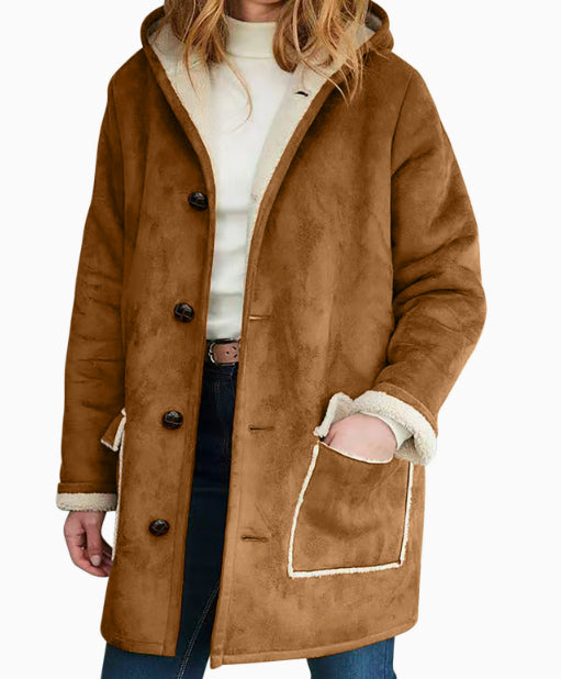 Wollmantel Damen mit Kapuze, locker geschnitten und mit Taschen - 1 - Jasminaboutique.com
