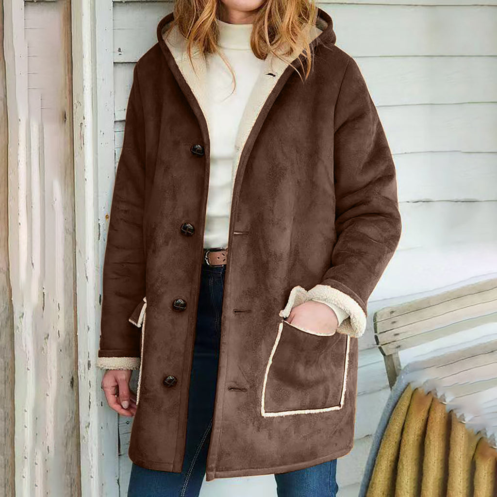 Wollmantel Damen mit Kapuze, locker geschnitten und mit Taschen - 2 - Jasminaboutique.com