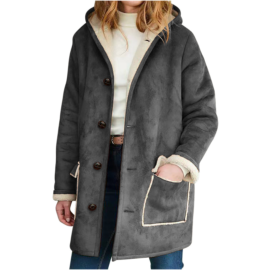 Wollmantel Damen mit Kapuze, locker geschnitten und mit Taschen - 3 - Jasminaboutique.com