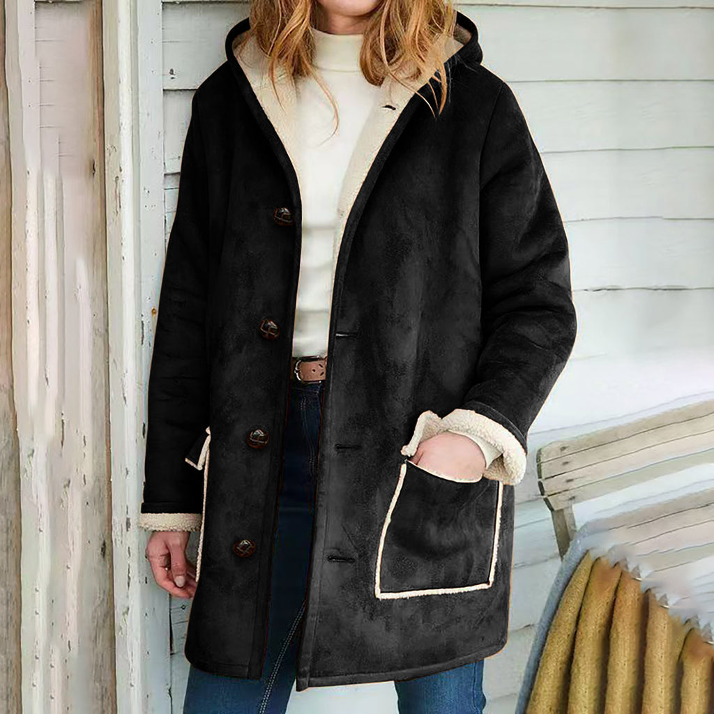 Wollmantel Damen mit Kapuze, locker geschnitten und mit Taschen - 4 - Jasminaboutique.com