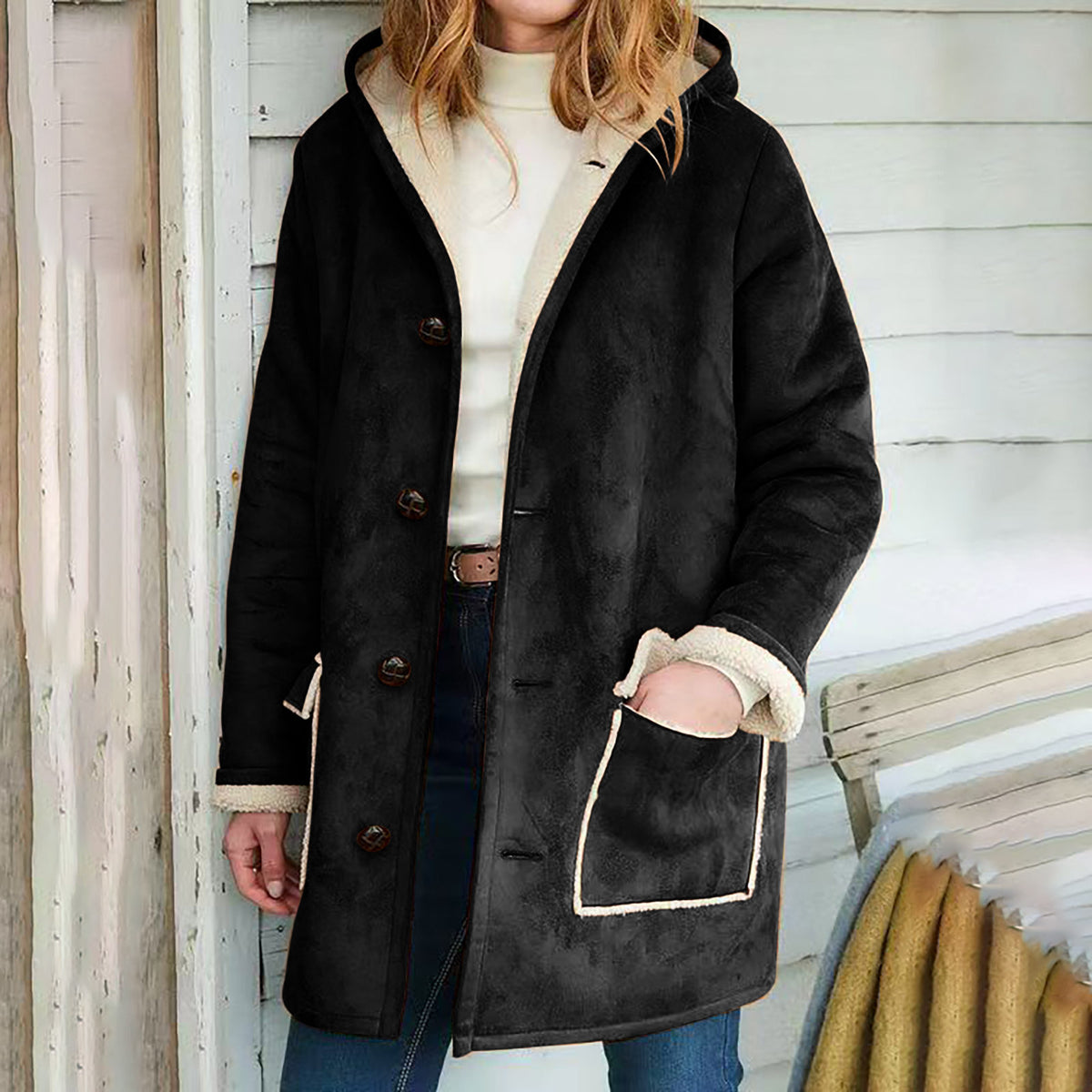 Wollmantel Damen mit Kapuze, locker geschnitten und mit Taschen - 4 - Jasminaboutique.com