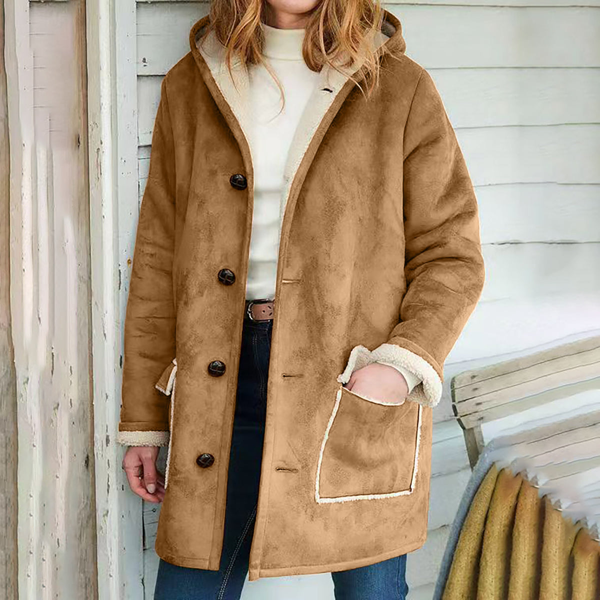 Wollmantel Damen mit Kapuze, locker geschnitten und mit Taschen - 5 - Jasminaboutique.com