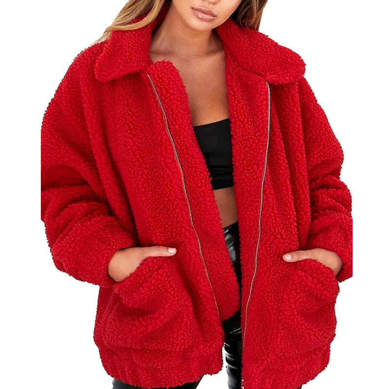 Flauschiger Mantel Damen mit Taschen und Stehkragen - 13 - Jasminaboutique.com
