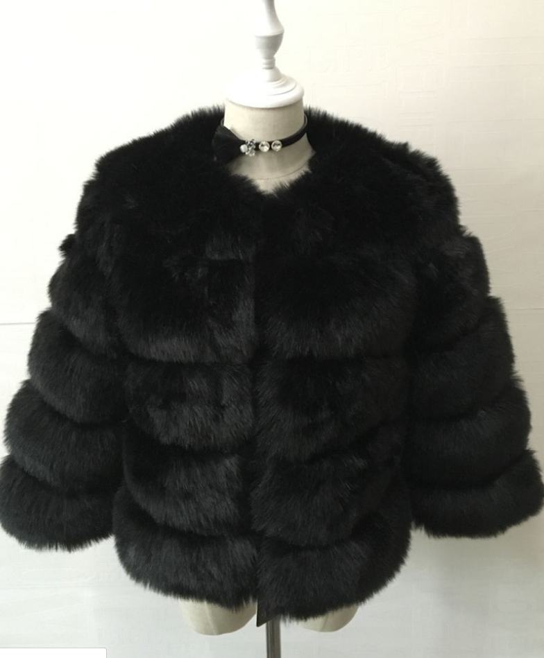 Faux Fur Mantel Damen mit Puffärmel und Stehkragen - 10 - Jasminaboutique.com
