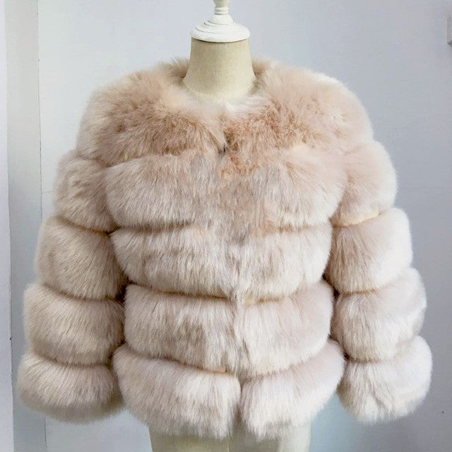 Faux Fur Mantel Damen mit Puffärmel und Stehkragen - 13 - Jasminaboutique.com