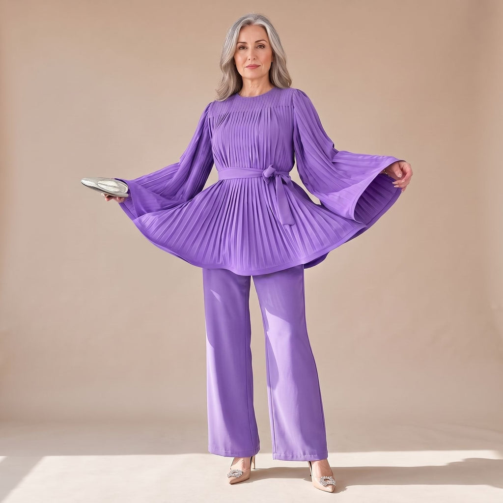 Zweiteiliges Hosenanzug Damen mit Plissee-Design und Bindegürtel - 4 - Jasminaboutique.com