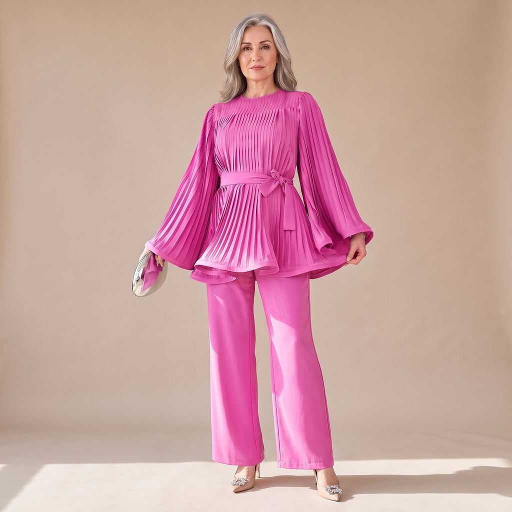 Zweiteiliges Hosenanzug Damen mit Plissee-Design und Bindegürtel - 5 - Jasminaboutique.com