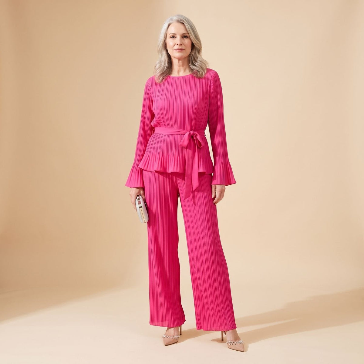 Zweiteiliges Hosenanzug Damen mit Plissee-Design und Bindegürtel - 6 - Jasminaboutique.com