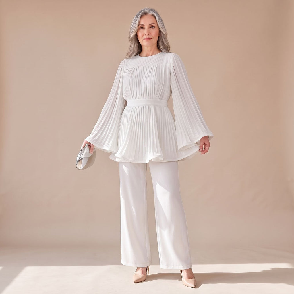 Zweiteiliges Hosenanzug Damen mit Plissee-Design und Bindegürtel - 7 - Jasminaboutique.com