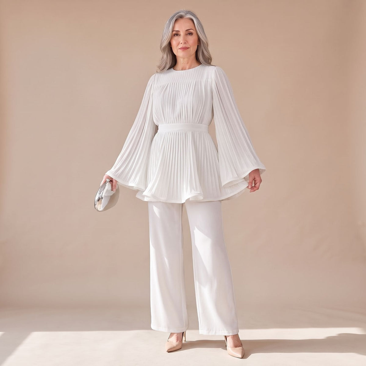 Zweiteiliges Hosenanzug Damen mit Plissee-Design und Bindegürtel - 7 - Jasminaboutique.com