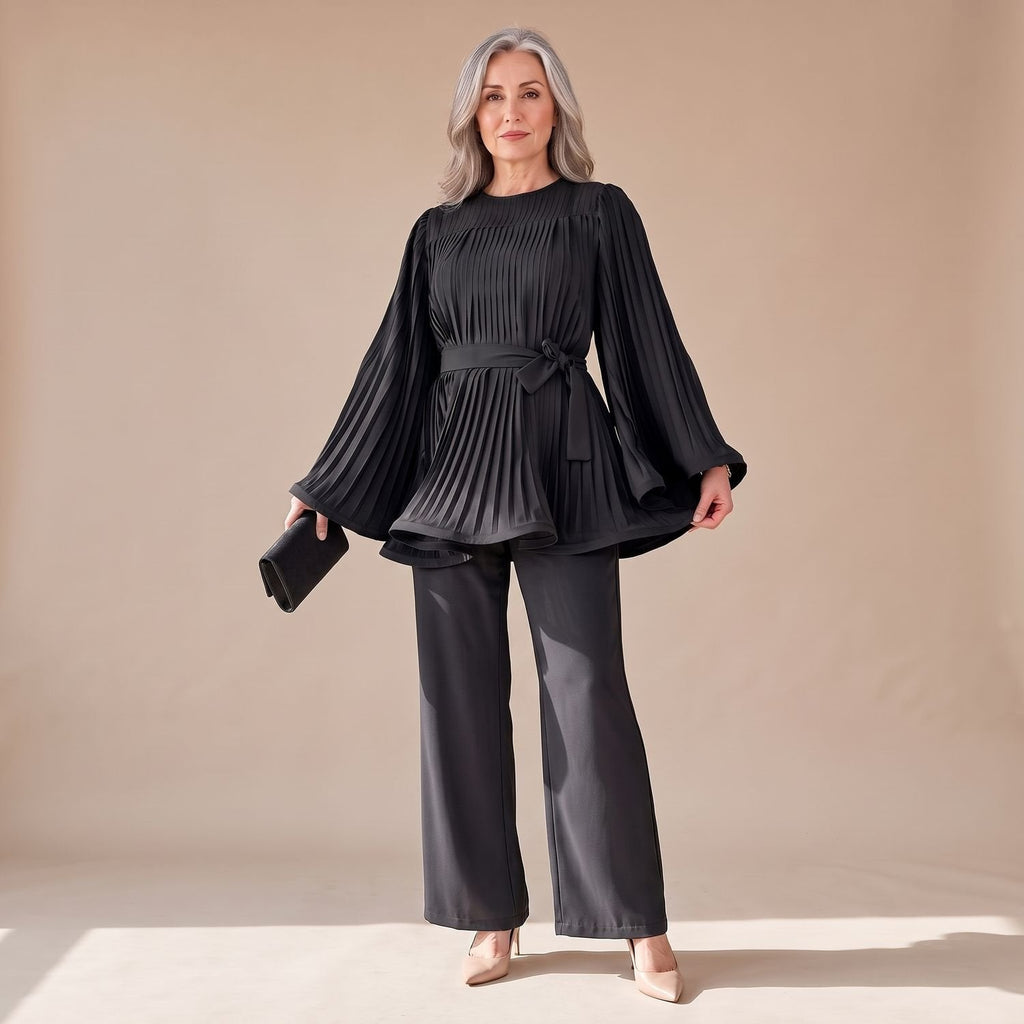 Zweiteiliges Hosenanzug Damen mit Plissee-Design und Bindegürtel - 9 - Jasminaboutique.com