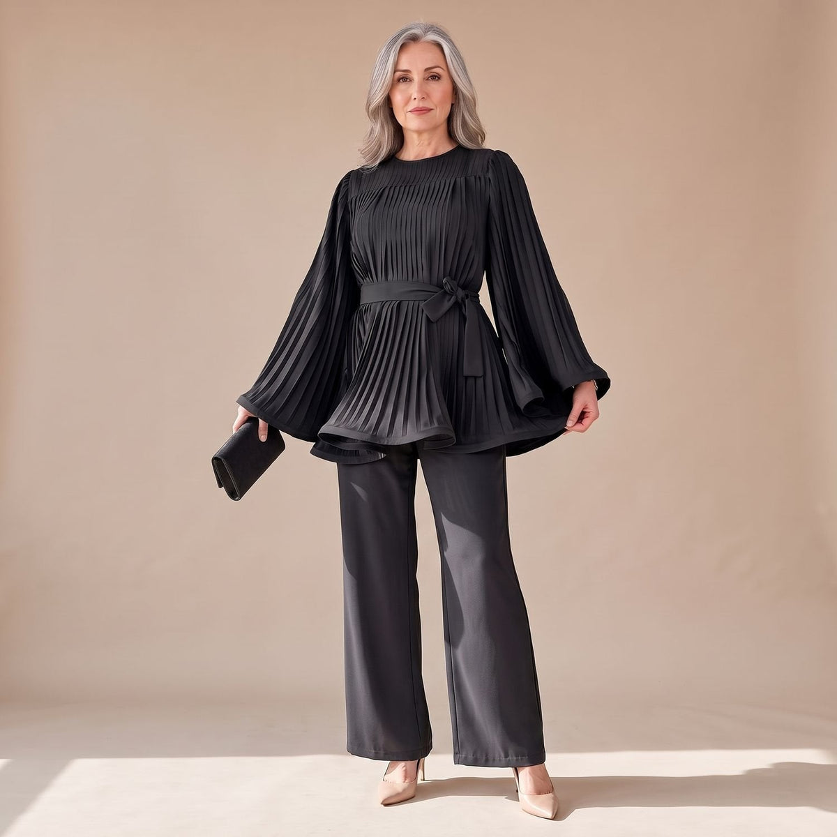 Zweiteiliges Hosenanzug Damen mit Plissee-Design und Bindegürtel - 9 - Jasminaboutique.com