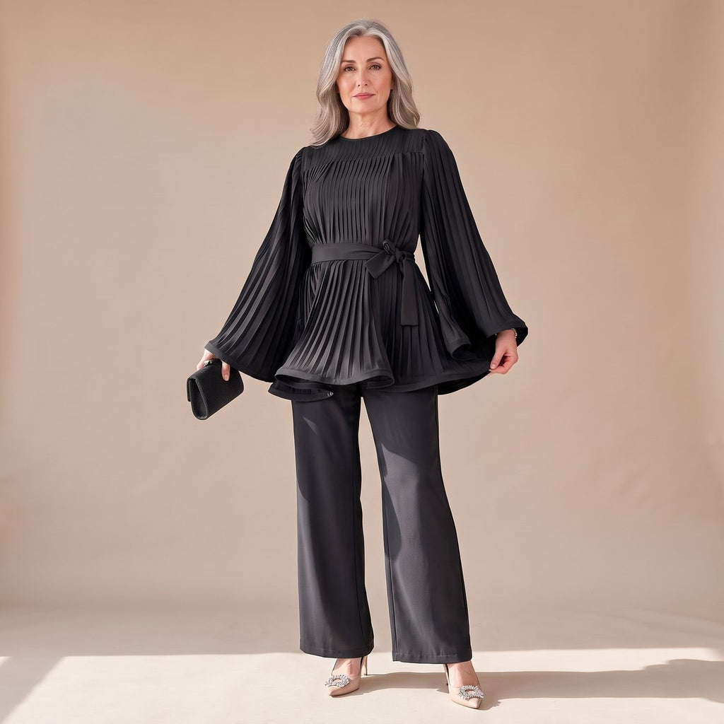 Zweiteiliges Hosenanzug Damen mit Plissee-Design und Bindegürtel - 10 - Jasminaboutique.com