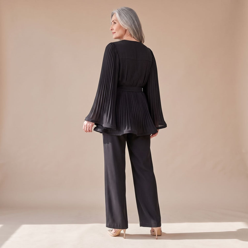 Zweiteiliges Hosenanzug Damen mit Plissee-Design und Bindegürtel - 11 - Jasminaboutique.com