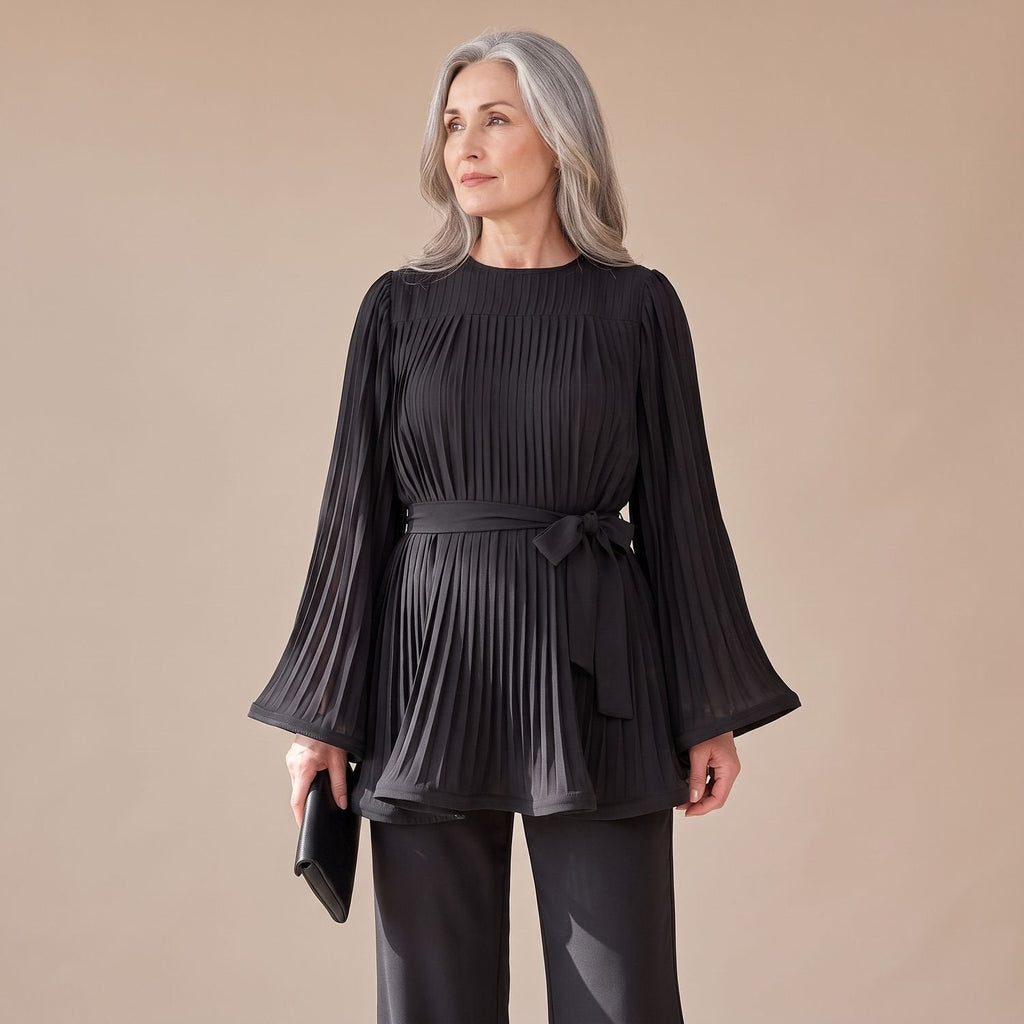 Zweiteiliges Hosenanzug Damen mit Plissee-Design und Bindegürtel - 12 - Jasminaboutique.com