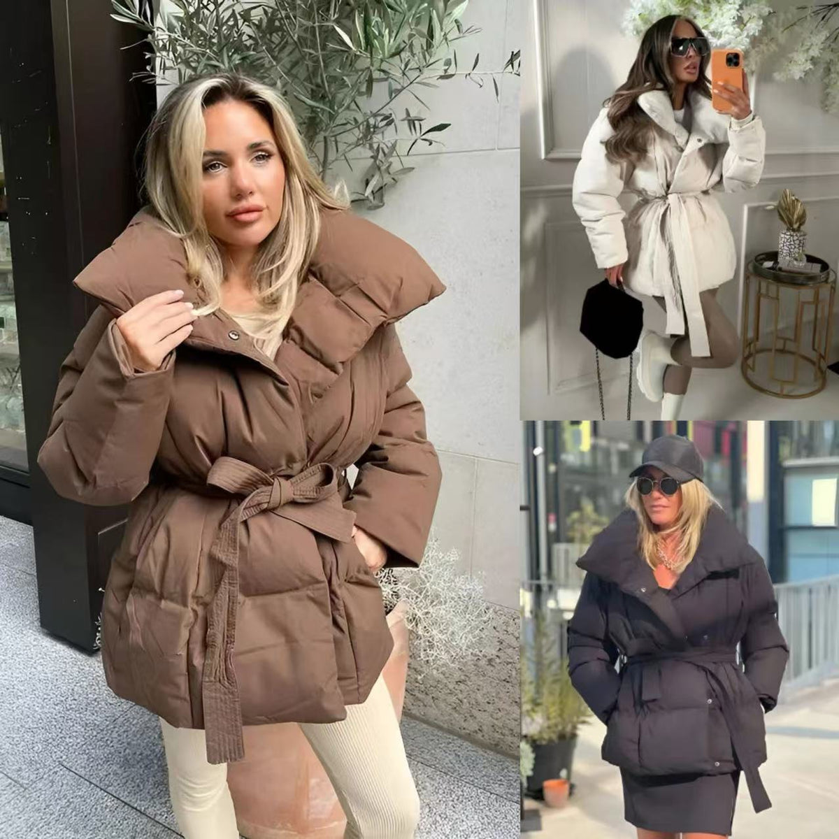 Winterjacke Damen mit Gürtel, Oversized Schnitt und großem Kragen - 1 - Jasminaboutique.com