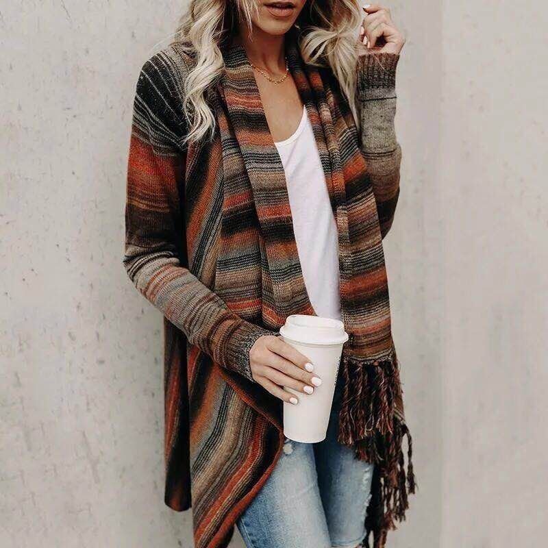 Cardigan Damen mit Fransen und gestreiftem Design - 1 - Jasminaboutique.com
