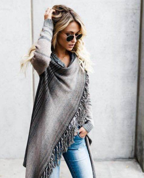 Cardigan Damen mit Fransen und gestreiftem Design - 4 - Jasminaboutique.com