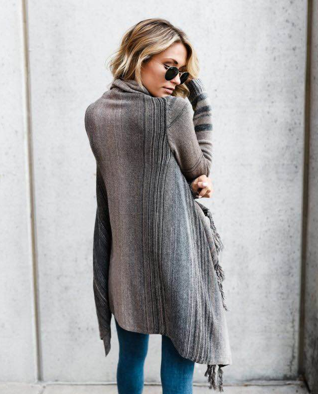 Cardigan Damen mit Fransen und gestreiftem Design - 5 - Jasminaboutique.com