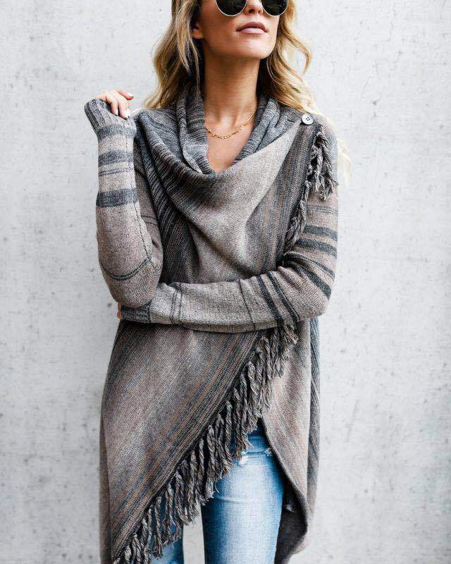 Cardigan Damen mit Fransen und gestreiftem Design - 6 - Jasminaboutique.com