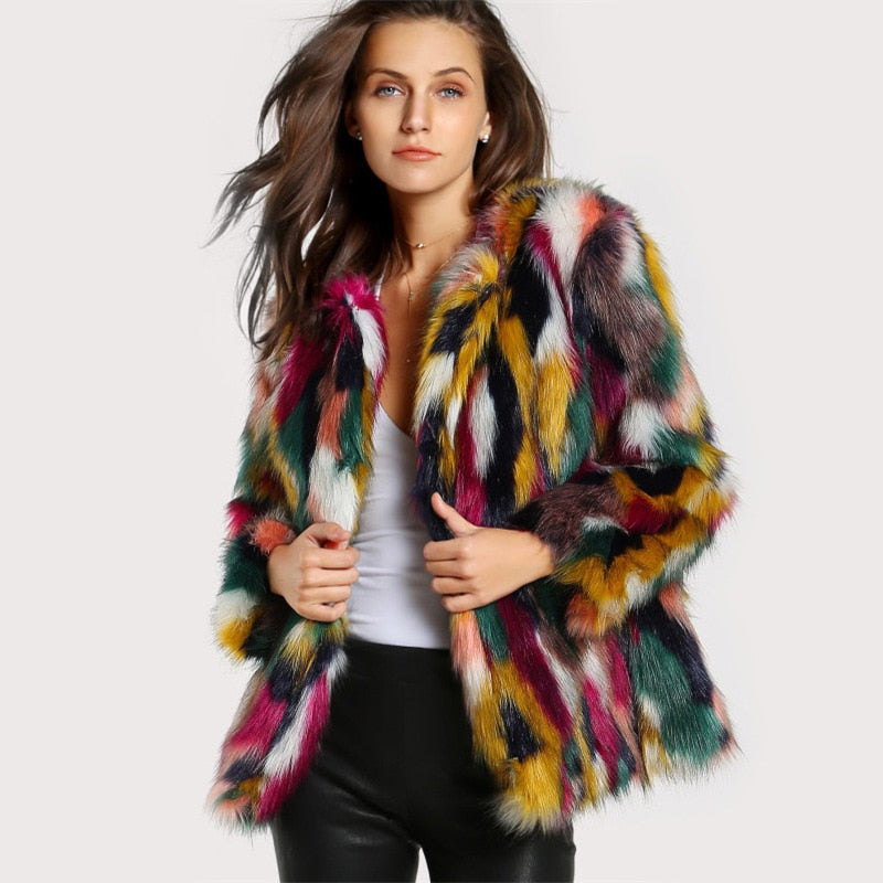 Faux Fur Mantel Damen farbenfroh mit Langarm und offenem Kragen - 1 - Jasminaboutique.com