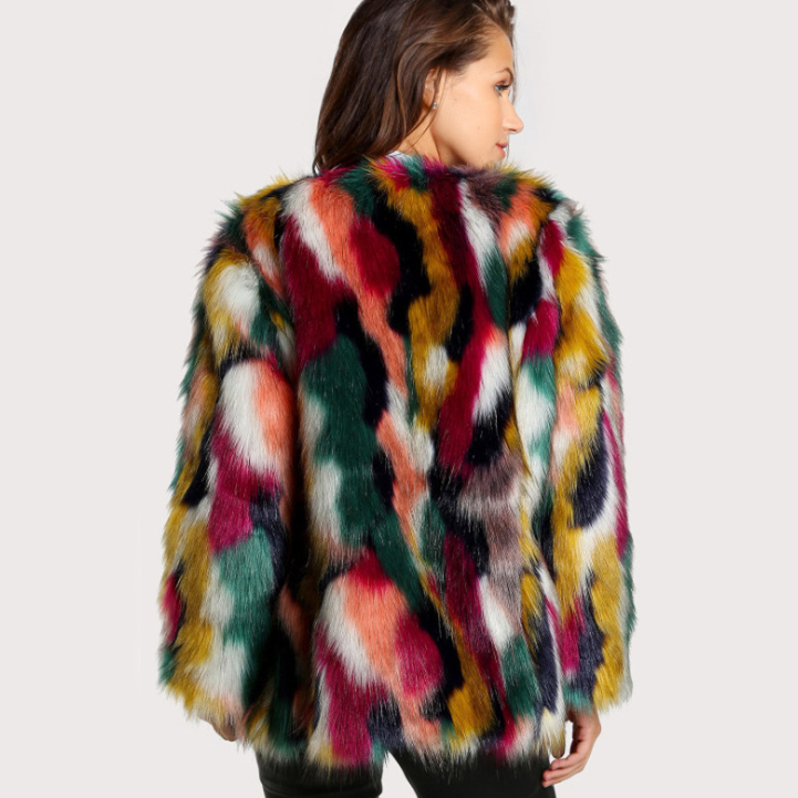 Faux Fur Mantel Damen farbenfroh mit Langarm und offenem Kragen - 2 - Jasminaboutique.com