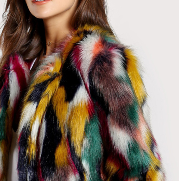 Faux Fur Mantel Damen farbenfroh mit Langarm und offenem Kragen - 3 - Jasminaboutique.com