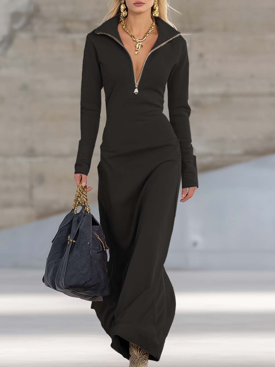 Maxikleid Damen mit Zip-Kragen und Langarm - 4 - Jasminaboutique.com
