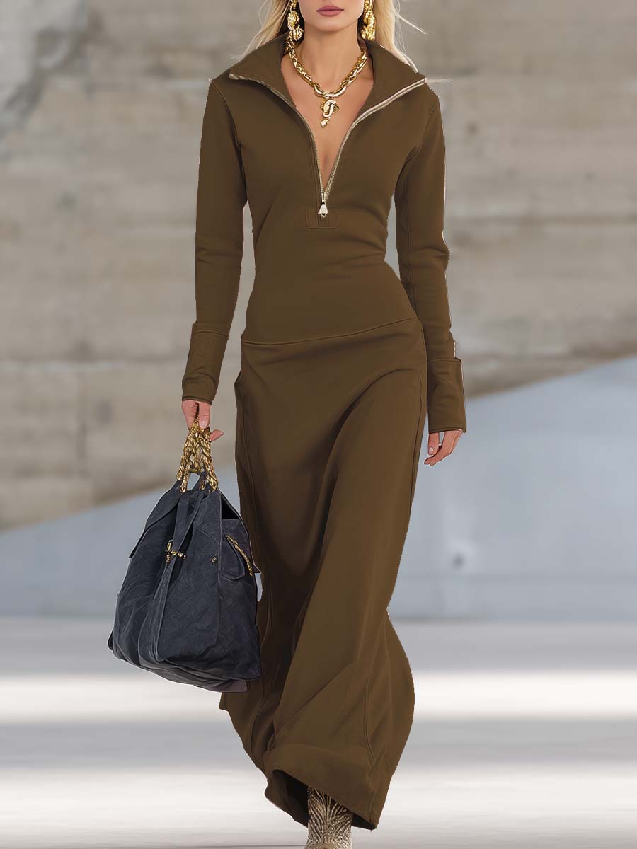 Maxikleid Damen mit Zip-Kragen und Langarm - 5 - Jasminaboutique.com