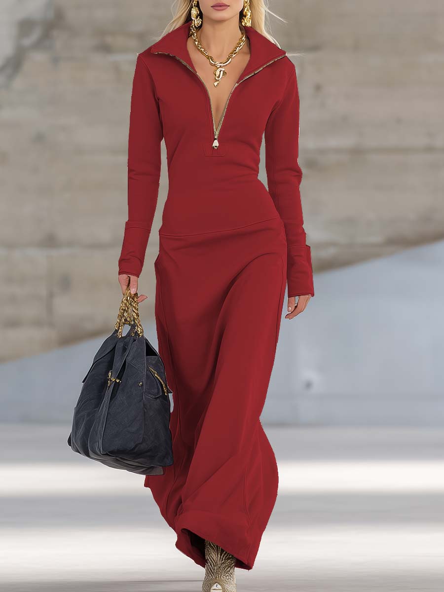Maxikleid Damen mit Zip-Kragen und Langarm - 6 - Jasminaboutique.com