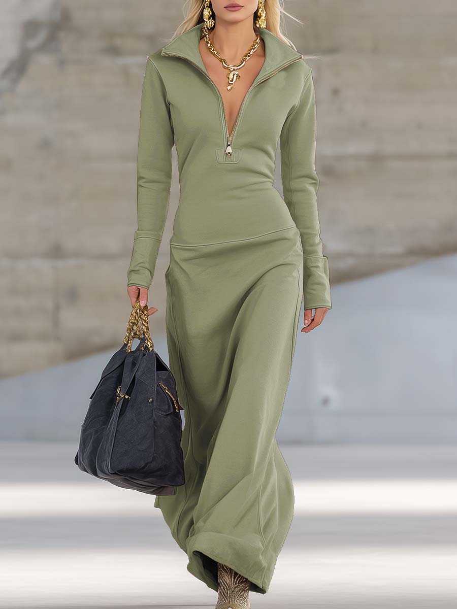 Maxikleid Damen mit Zip-Kragen und Langarm - 7 - Jasminaboutique.com