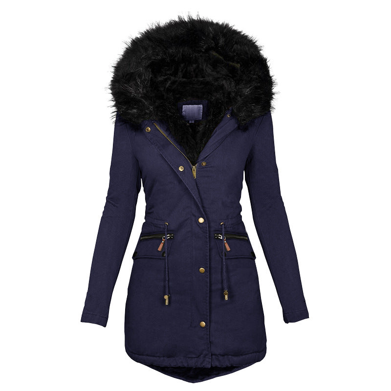 Damen Wintermantel mit Kapuze, tailliert, mit Taschen und Fellkragen - 1 - Jasminaboutique.com